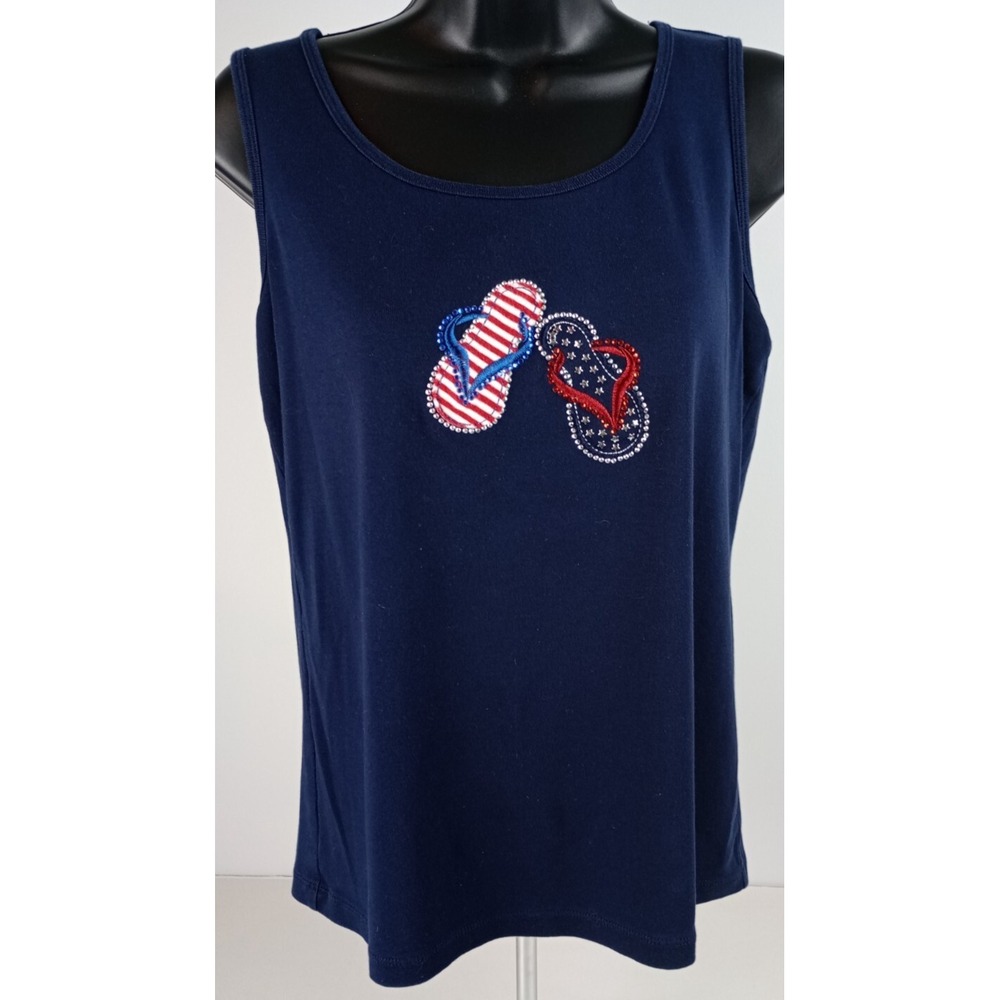 Karen Scott Women's Size M Navy Blue American Flag Flip Flops Tank Top